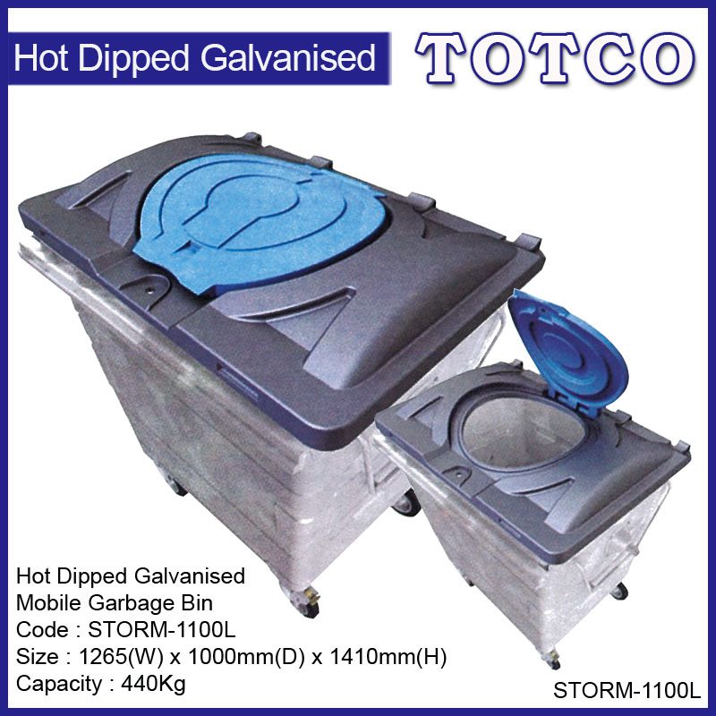 Hot Dipped Galvanized Mobile Garbage Bin 1100L