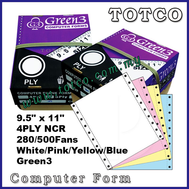 Green3 Computer Form 9.5" X 11" (4Ply White/Pink/Yellow/Blue)